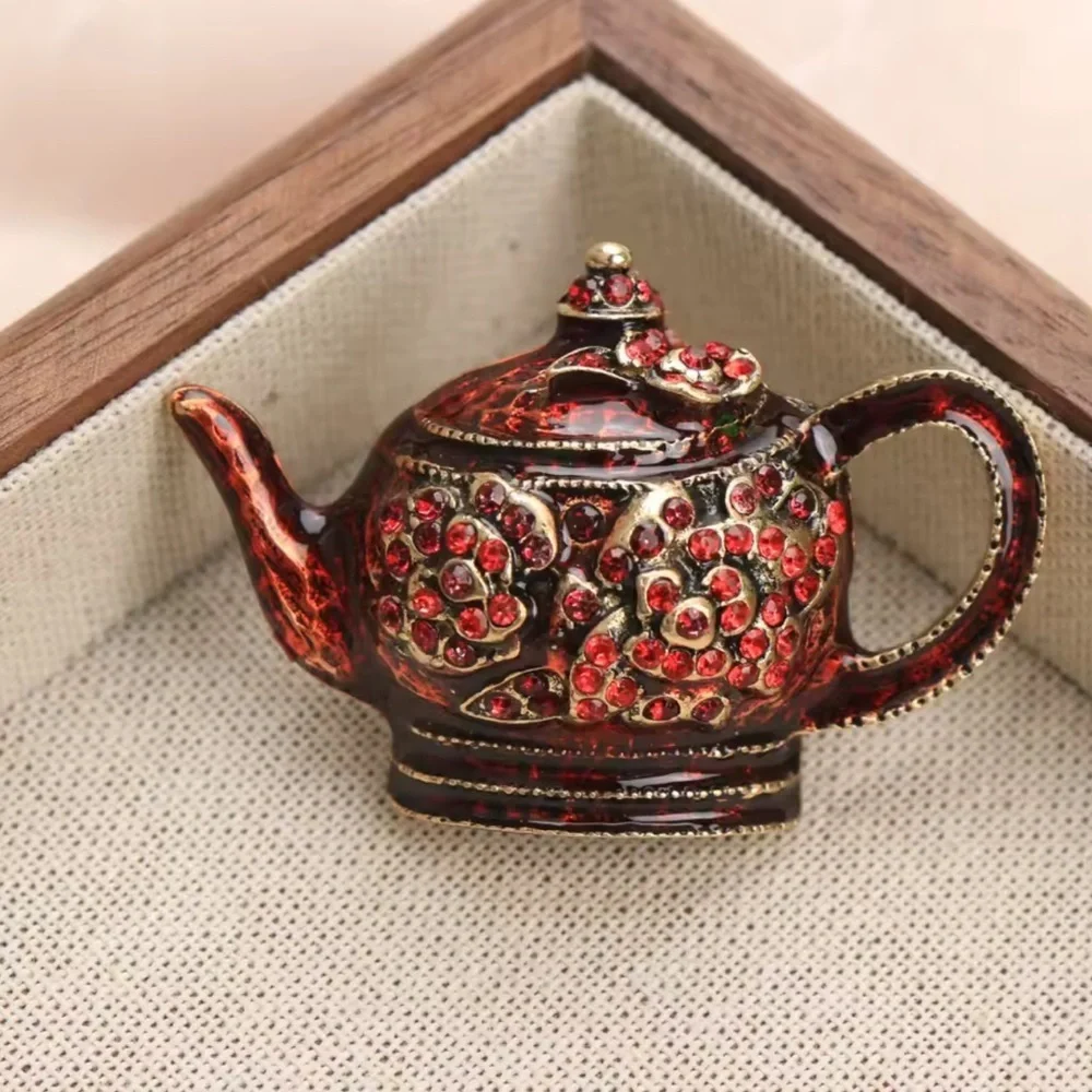 Vintage Red Teapot Crystal Brooch